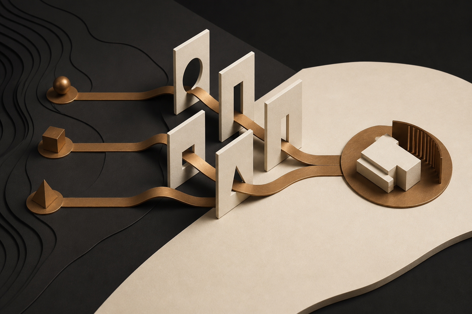 Bronze pathways passing through a sequence of strategic gates