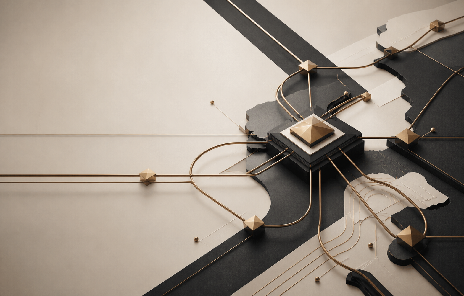 Abstract bronze routes converging into a stable supply network