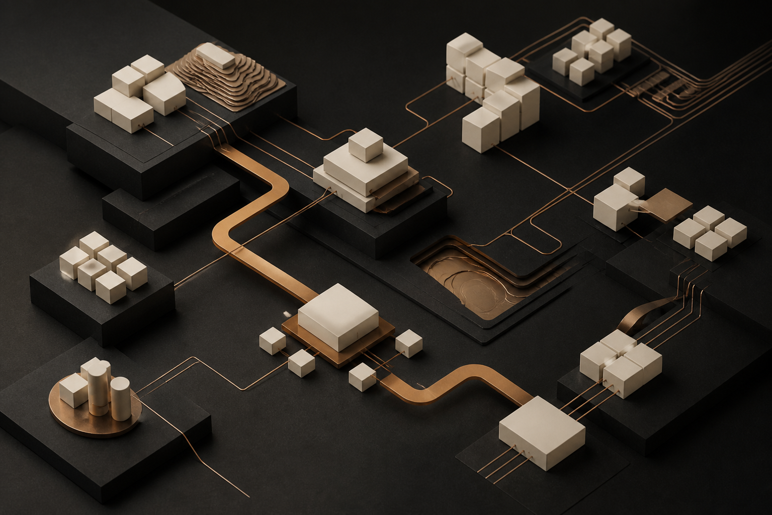 Abstract modular supply network linked by a strategic bronze pathway